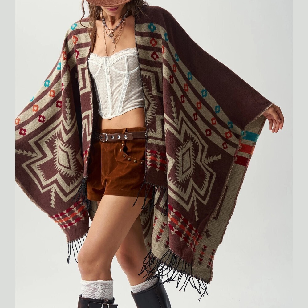 Brown Aztec Jacquard Fringe Hem Oversized Poncho Wrap